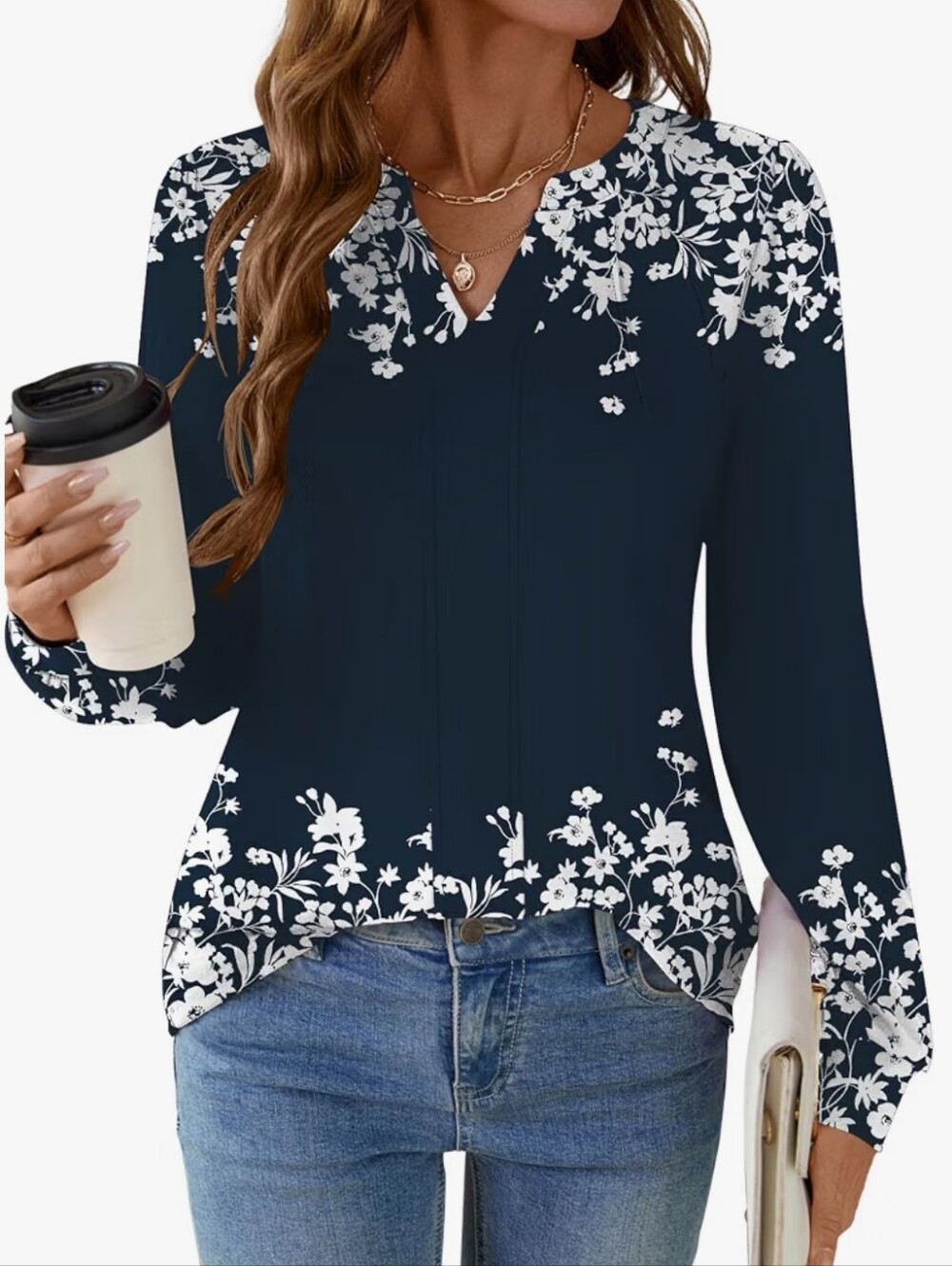 Floral V-Neck Long Sleeve Top - Navy
